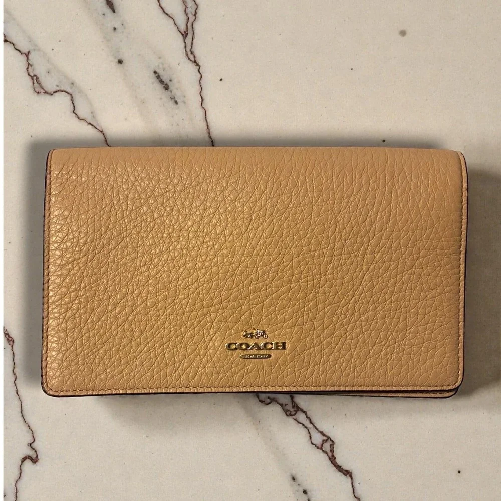 Coach Pebbled Leather Envelope Wallet Crossbody Nude Foldover Clutch Gold HW WOC